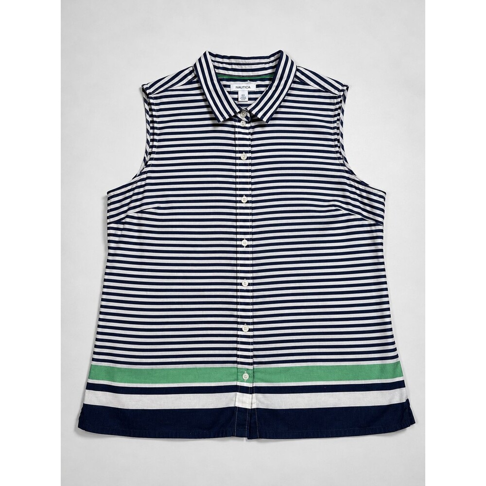 Nautica Womens XXL Navy White Green Stripe Linen Cotton Sleeveless Button Tunic